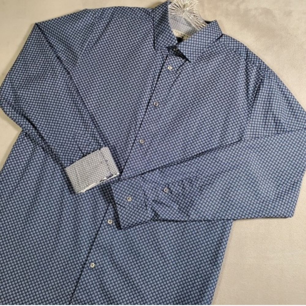 Ted Baker Shirt Mens 4 US L Blue Geo Print MMA Stenot‎ Long Sleeve Flip Cuff